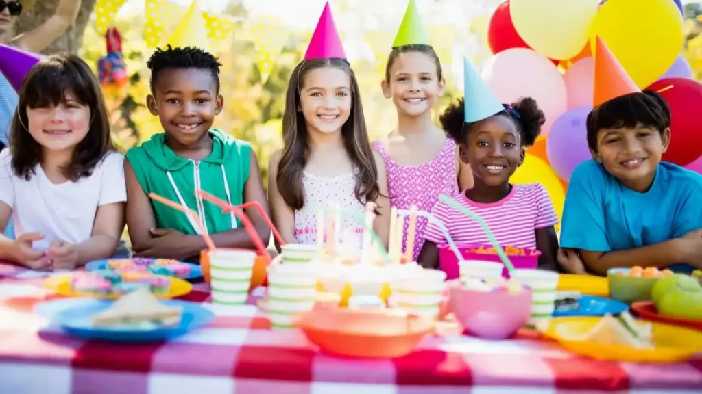Crianças em volta de uma mesa de festa infantil econômica e um passo a passo com dicas no blog Conversa pronta.
