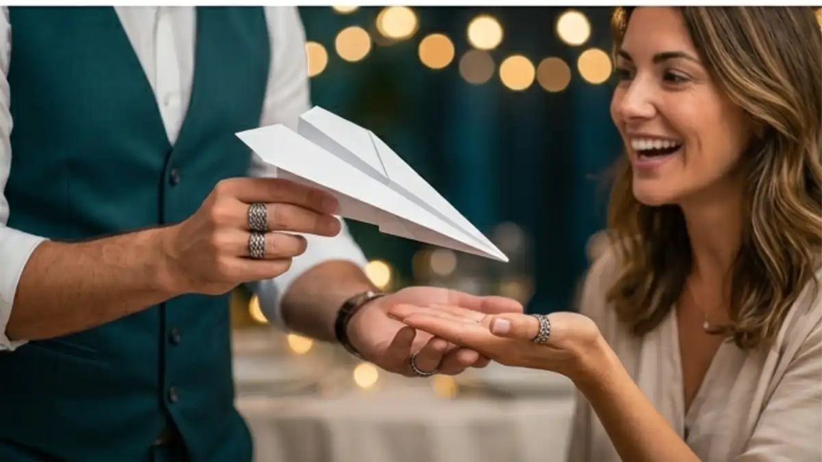 Mágicas de close up feitas por mágico com uma mulher em uma festa. Dicas no blog Conversa Pronta.