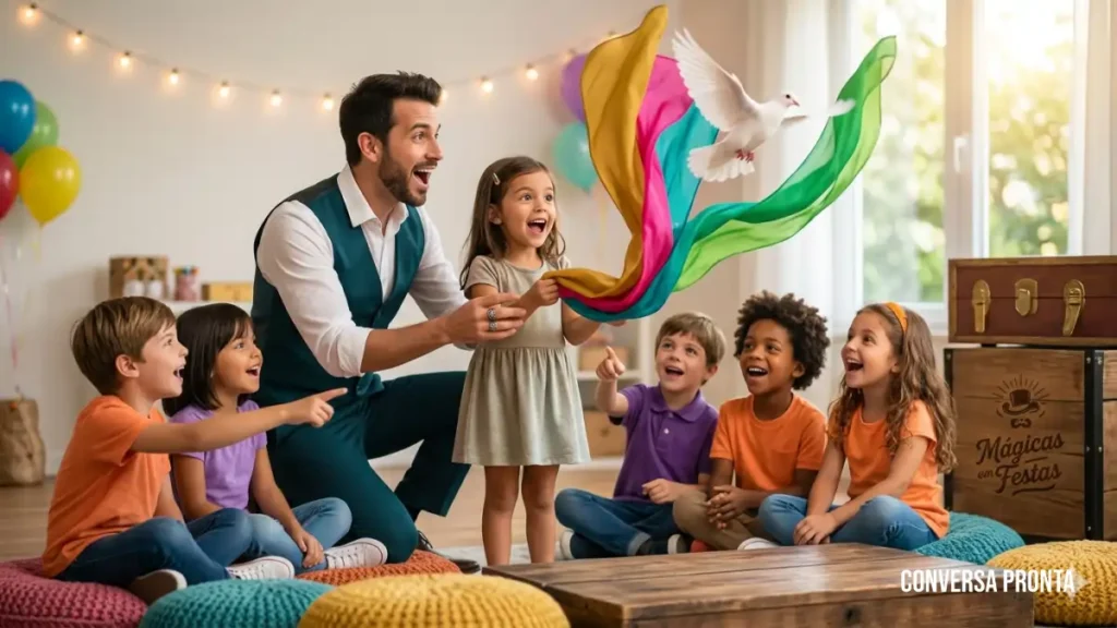 mágicas sendo feitas por um mágico para crianças em uma festa infantil, dicas do blog Conversa Pronta.