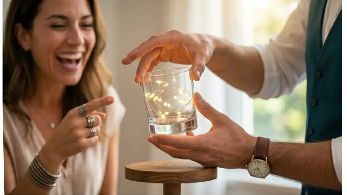 Mágicas de close up com um copo nas mãos do mágico e mulher impressionada com o efeito, no blog Conversa Pronta.