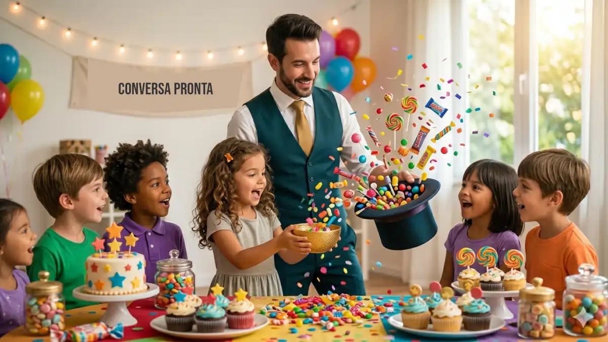 mágico fazendo mágicas em frente a uma mesa de doces em festa infantil, no blog Conversa Pronta.