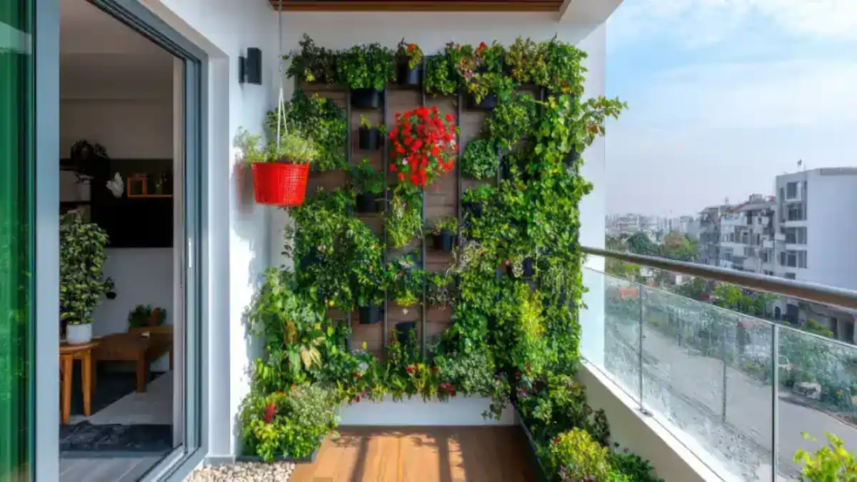 Jardim vertical, estrutura montada em parede de varanda, no blog Conversa Pronta.