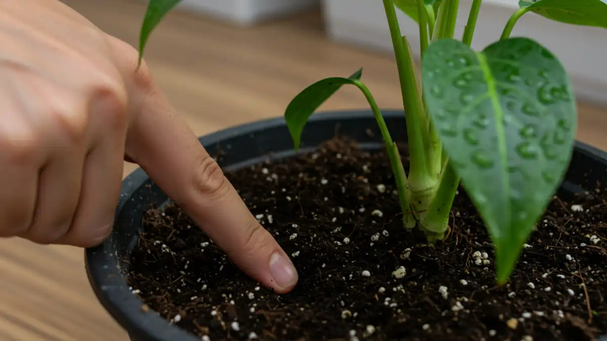 Teste do dedo no vaso de plantas de sombra, no blog Conversa Pronta.