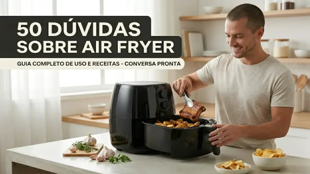 Foto sobre air fryer, homem usando na cozinha. 50 perguntas respondidas estão no blog Conversa Pronta.