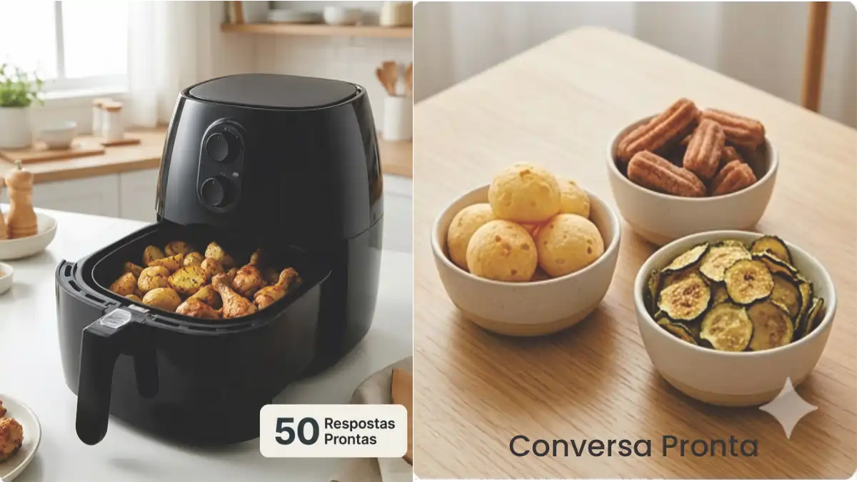 Imagem sobe air fryer mostrando os petiscos feitos. As perguntas e respostas estão no blog Conversa Pronta.