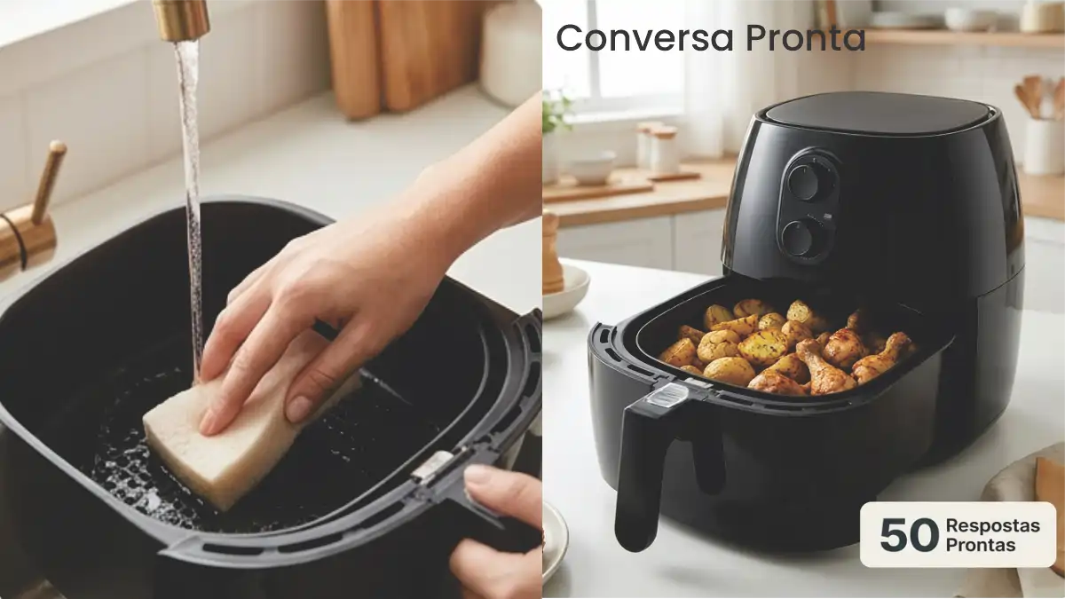 sobre air fryer e a limpesa certa do equipamento. Mulher limpando o aparelho. Dúvidas no blog Conversa Pronta.