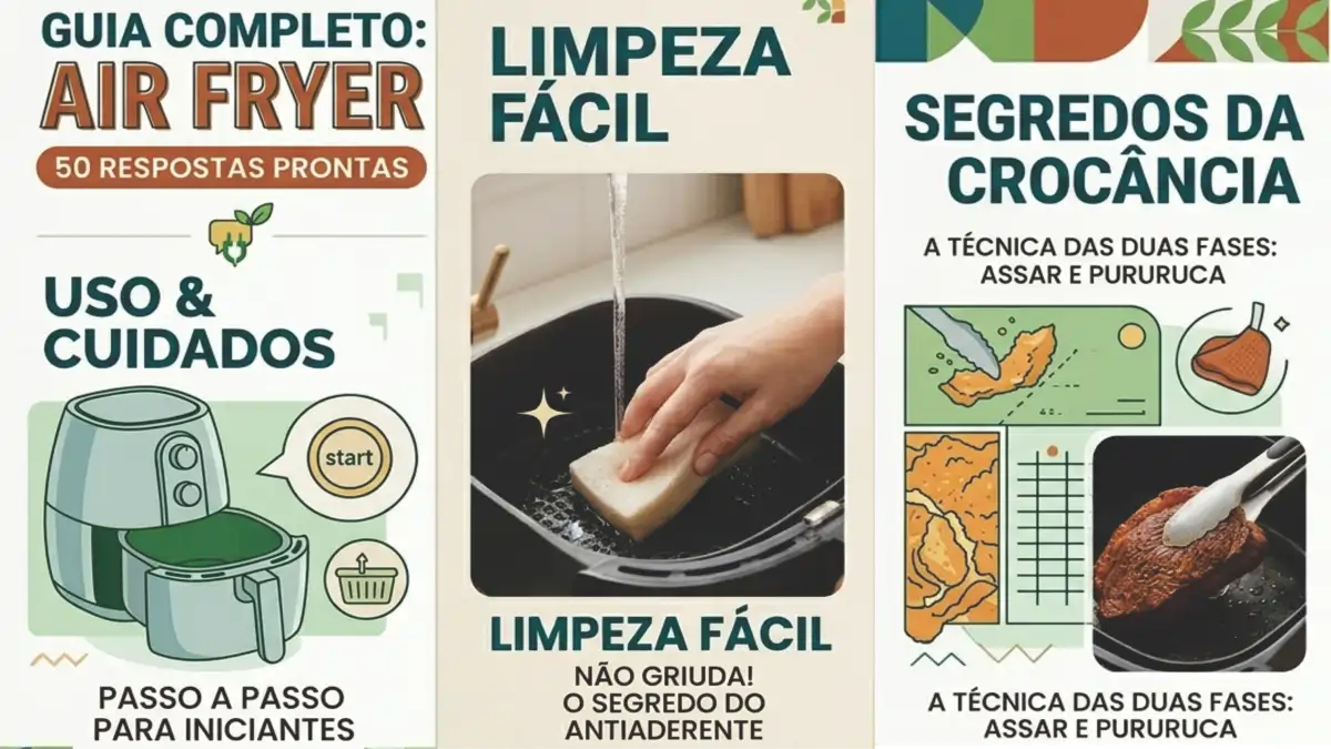 Cards sobre air fryer mostrando dúvidas e respostas. Guia de uso no blog Conversa Pronta.