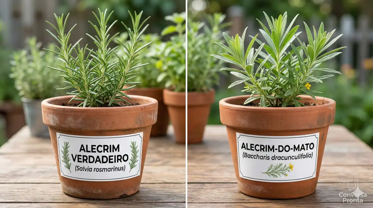 Duas espécies de alecrim em vaso com identificação no blog Conversa Pronta.