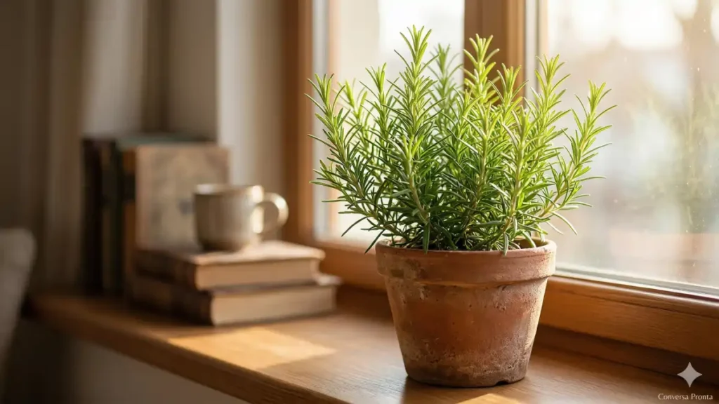 Imagem mostrando o alecrim em vaso em prateleira na janela da casa, no blog Conversa Pronta.