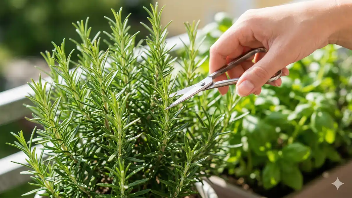 Mão colhendo alecrim em vasos no blog Conversa Pronta.