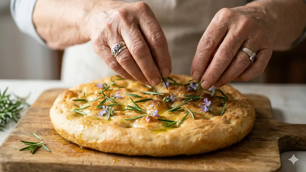 Uma pizza usando alecrim em vasos na decoração, no blog Conversa Pronta.