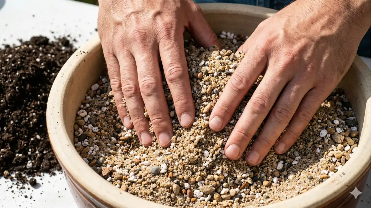 Mãos preparando o substrato para plantar alecrim em vasos no blog Conversa Pronta.