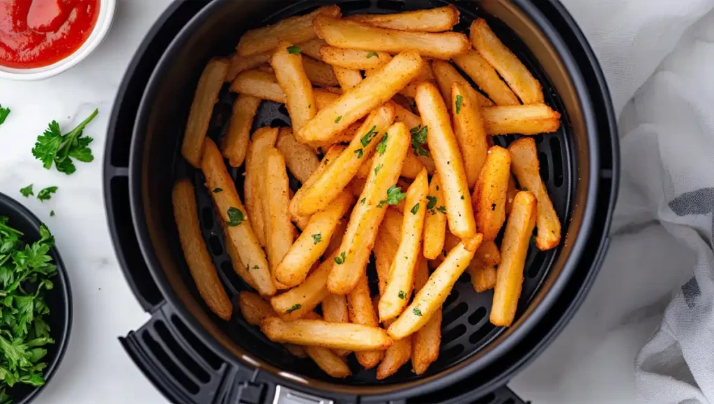 Batata frita sendo preparada na air fryer no blog Conversa Pronta.
