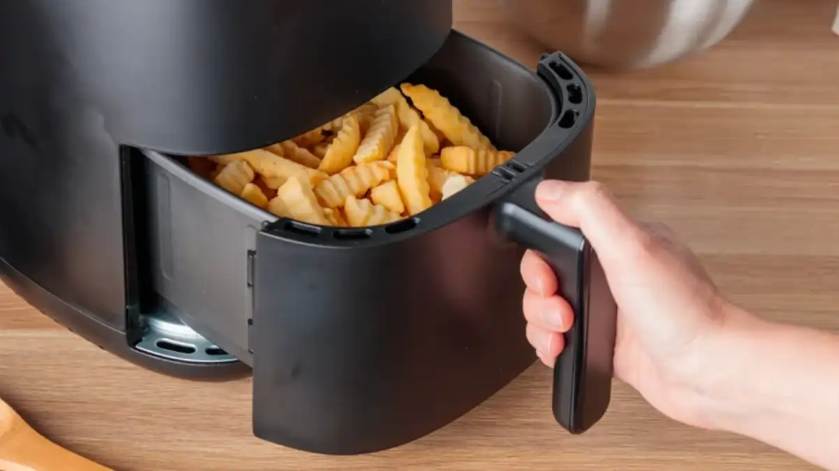 Mão segurando batata frita na air fryer no blog Conversa Pronta.