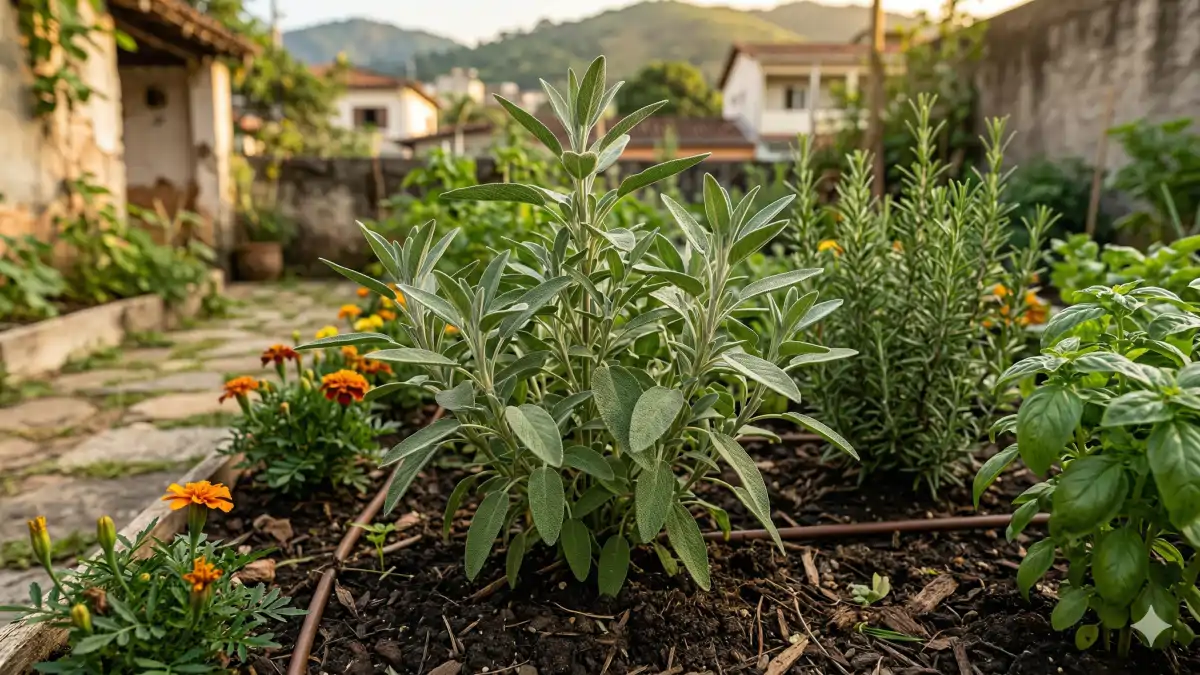 Um canteiro com salvia e outras plantas no blog Conversa Pronta.