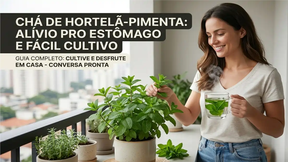 Mulher colhendo folhas do hortelã-pimenta em um vaso na varanda. Dicas e receita no blog Conversa Pronta