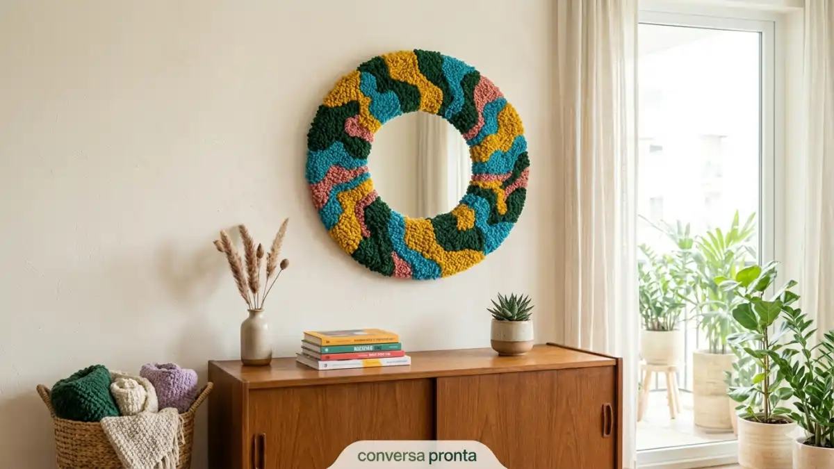 Quadro tufting na parede sobre uma estante, passo a passo no blog Conversa pronta.