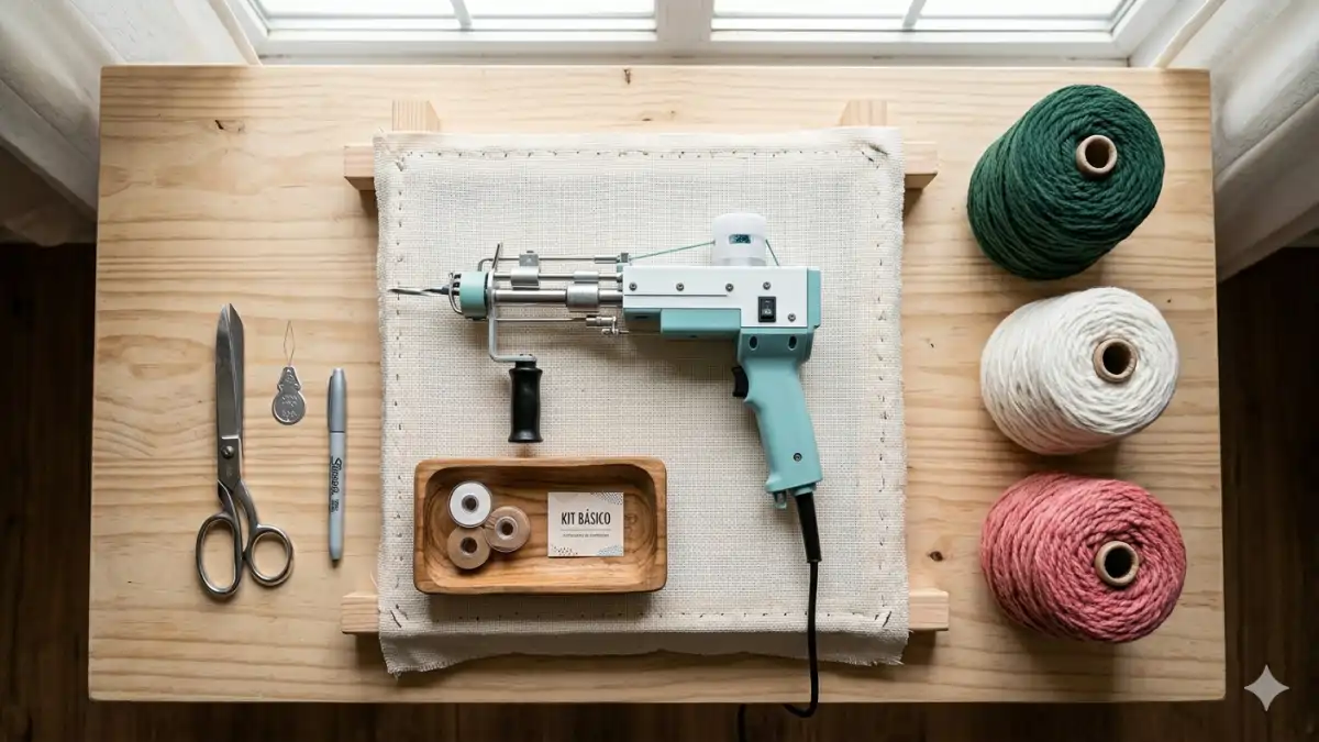 Materiais para tufting e o passo a passo no blog Conversa pronta.