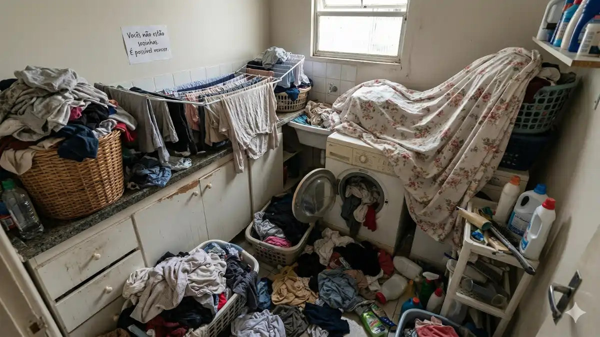 Uma lavanderia pequena e desorganizada, várias roupas espalhadas pelo chão no blog Conversa Pronta.