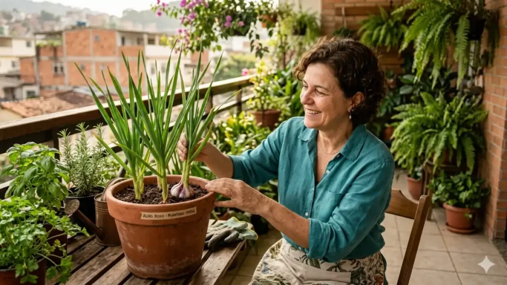 Mulher cuidando do plantio após ler o post sobre plantar alho em vasos
