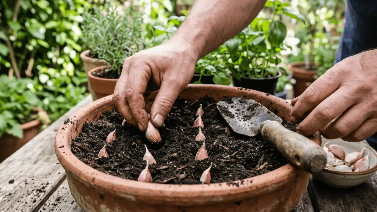 Mão escolhendo as sementes para plantar alho em vaso, no blog Conversa Pronta.