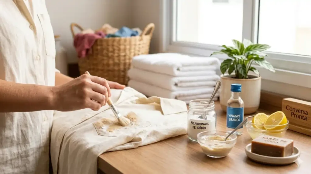 Ingredientes caseiros para tirar manchas de roupa dispostos em bancada de lavanderia, com mão aplicando pasta em camisa de linho, no blog Conversa Pronta.