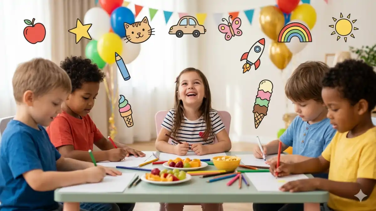 Crianças fazendo desenhos fáceis, sentados em uma mesa, no blog Conversa Pronta.