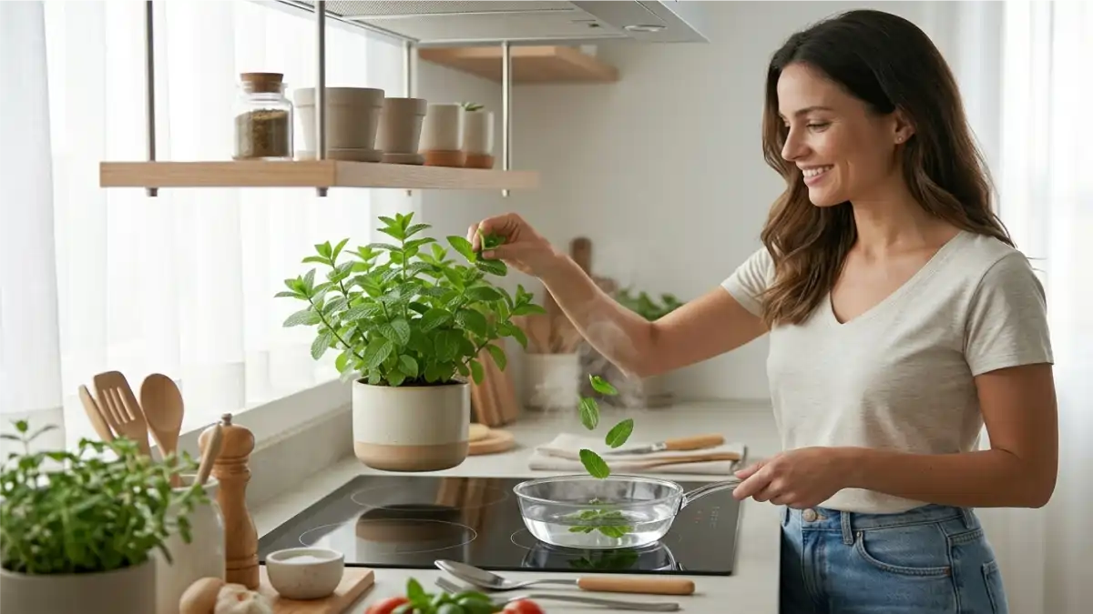 Pessoa colhendo folhas de hortelã-pimenta no vaso da cozinha. Receita de chá no blog Conversa Prronta.