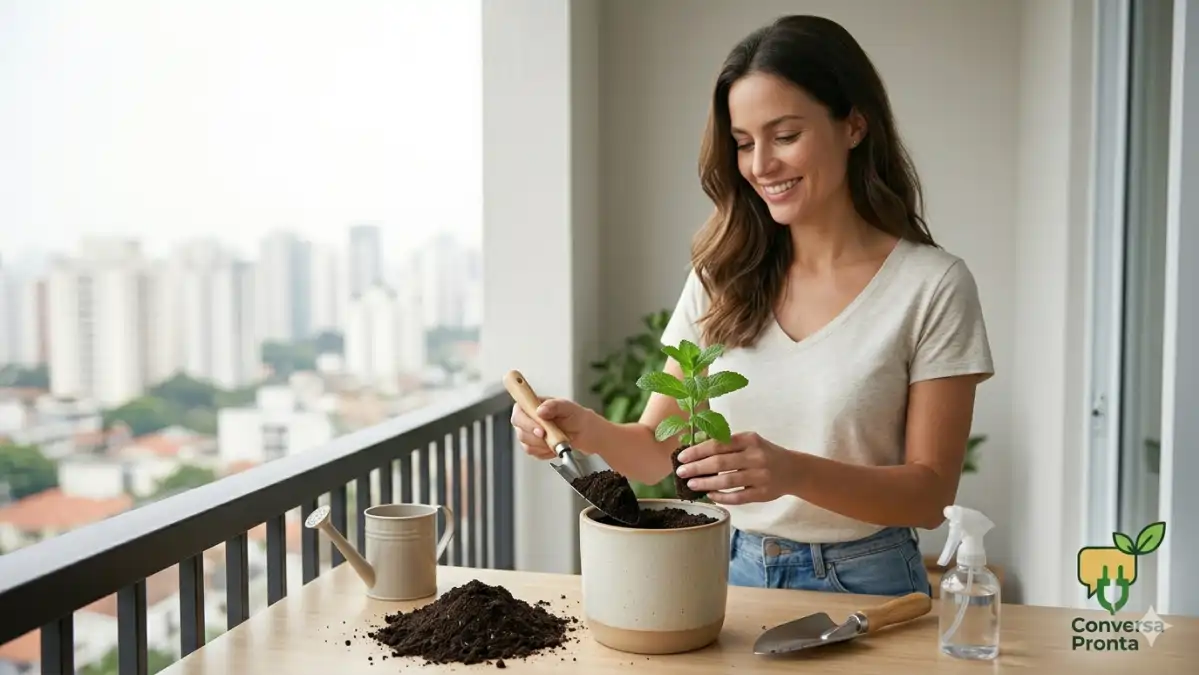 Pessoa plantando hortelã-pimenta em um vaso na varanda da casa. Dicas no blog Conversa Pronta.