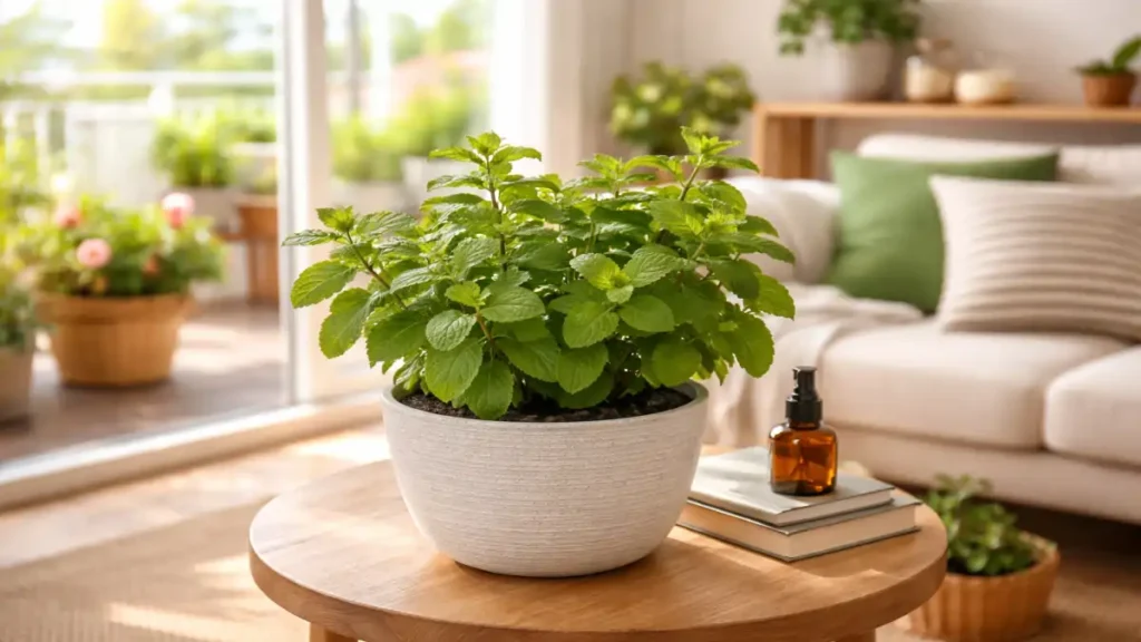 Hortelã-pimenta sobre uma mesa de centro na sala da casa, em vaso de barro e sofá ao fundo. Dicas no Blog Conversa Pronta.