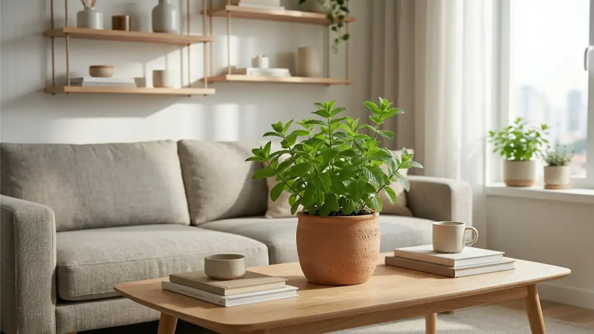 Um vaso com hortelã-pimenta em uma mesinha na sala da casa. Passo a passo no blog Conversa Pronta.