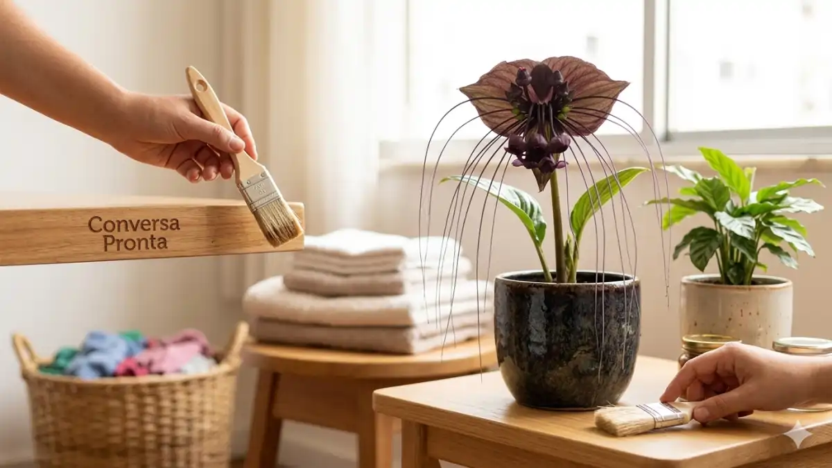 Uma casa decorada com a planta morcego em um vaso, no blog Conversa Pronta.