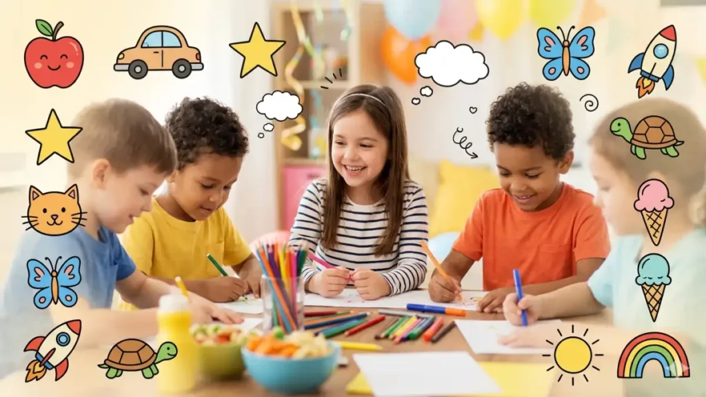 Crianças fazendo desenhos fáceis em uma mesa de festa infantil. Dicas no blog Conversa Pronta.