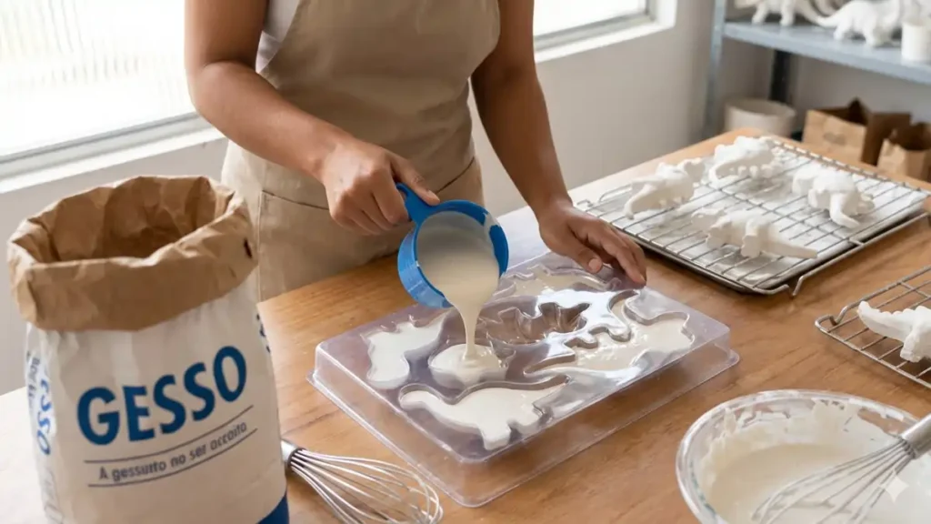 Artesã fazendo kit de gesso para pintura, no blog Conversa Pronta.