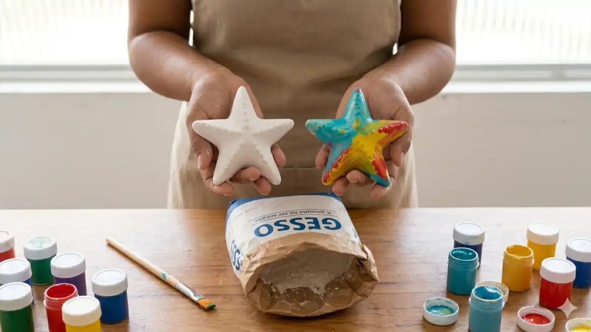 Artesã mostrando duas estrêlas de gesso, uma pintada e outra crua, do kit de gesso para festas, no blog Conversa Pronta.