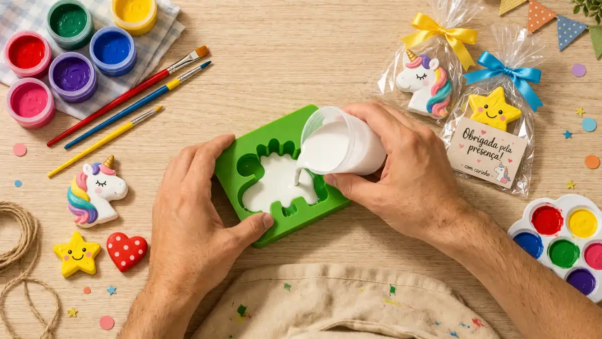 Artesão despejando gesso na forminha de silicone para fazer kit de gesso para festas, no blog Conversa Pronta.