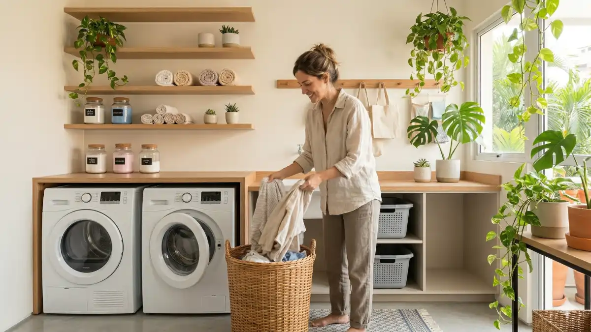 Imagem de mulher organizando as roupas na lavanderia, no blog Conversa Pronta.