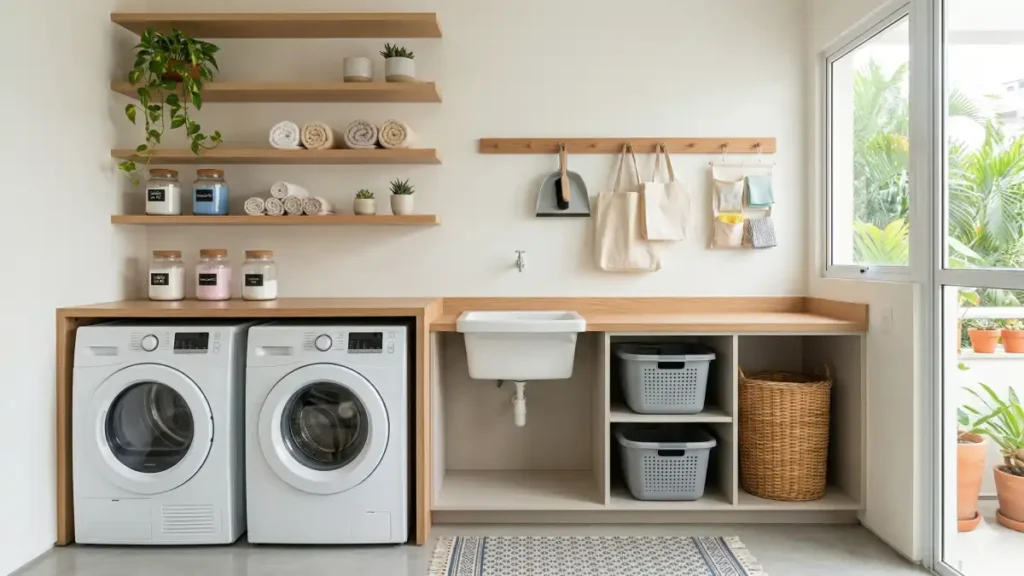 Uma lavanderia pequena e organizada no blog Conversa Pronta.
