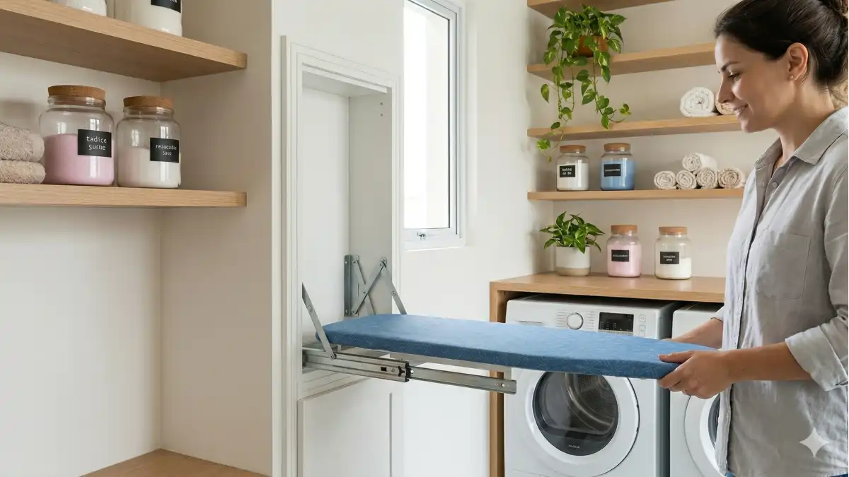 Mulher abrindo a tábua de passar roupas na lavanderia. Dicas estão no blog Conversa Pronta.