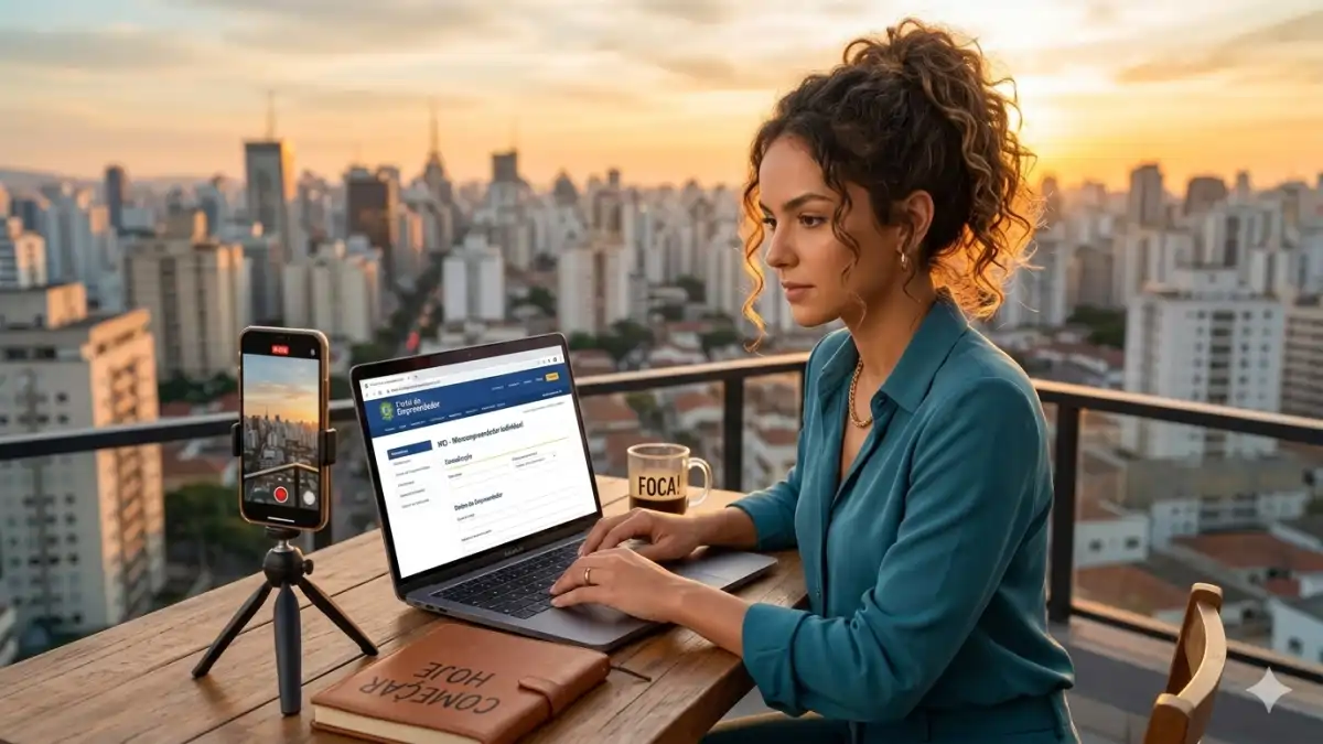 Uma mulher empreendedora fazendo seu cadastro no MEI, na varanda de um apartamento, no blog Conversa Pronta.