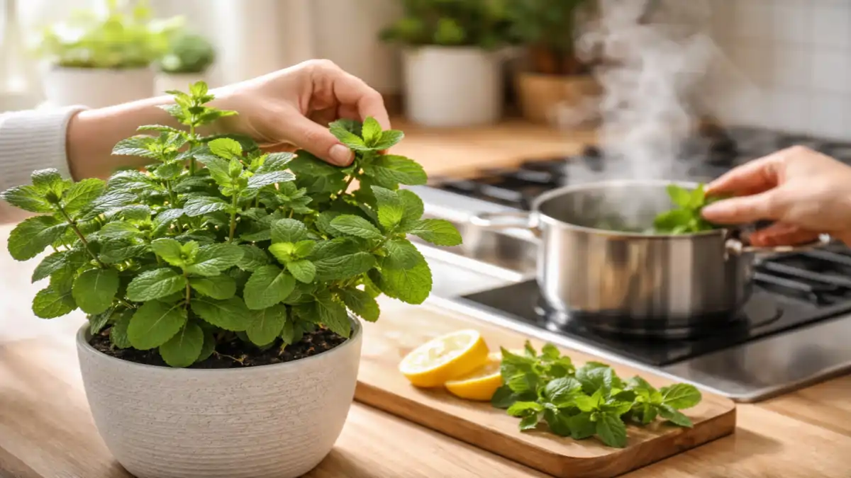 Mãos colhendo folhas e fazendo chá de hortelã-pimenta em uma cozinha. Dicas no Blog Conversa Pronta.