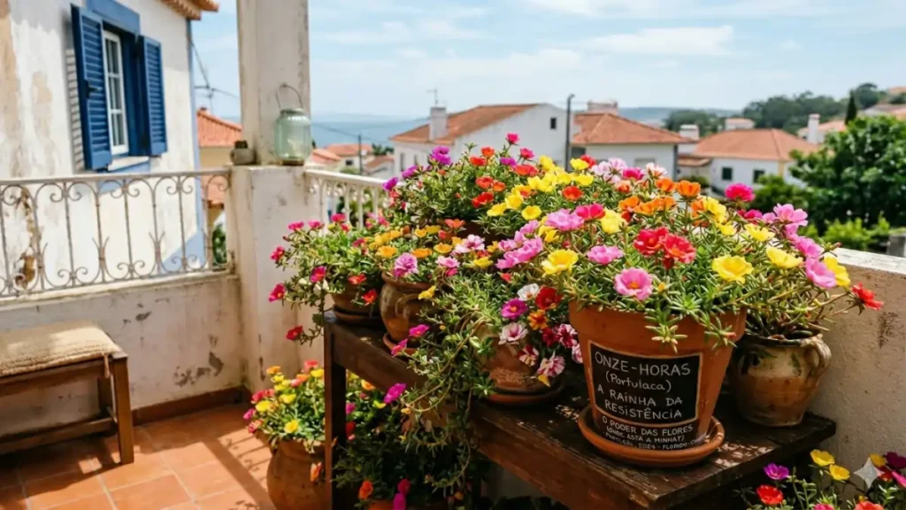 Flor onze-horas, de várias cores, em uma varanda ensolarada no blog Conversa Pronta.