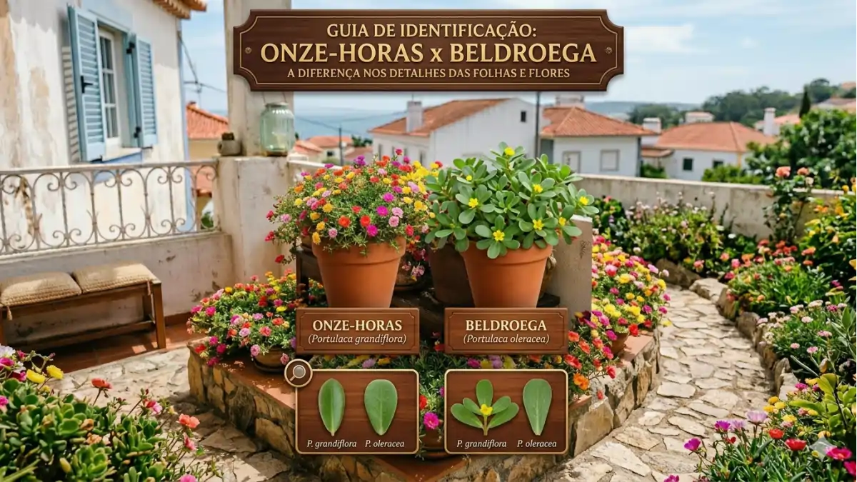 imagem mostrando a diferença da flor onze-horas para a beldroega no blog Conversa Pronta.