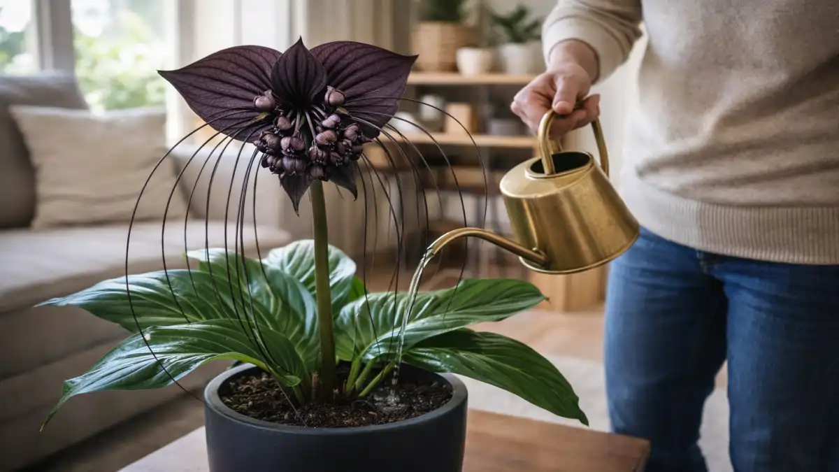 Mulher regando a planta morcego em uma sala, no blog Conversa Pronta.