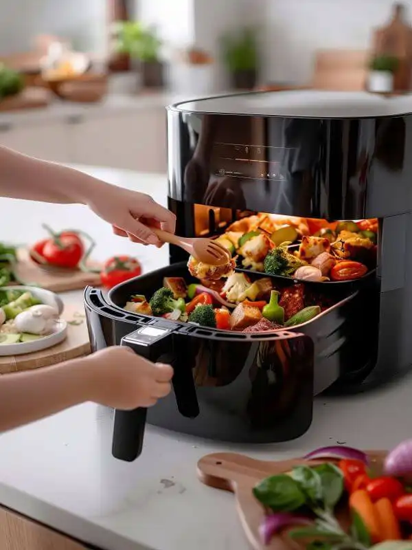 Uma cozinha sem estresse com uma air frayer sendo usada para fazer uma rceita, no blog Conversa Pronta.
