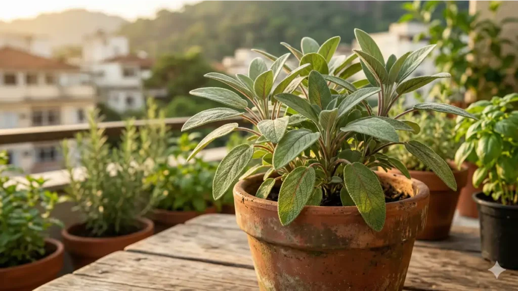 Vaso de salvia na varanda de uma casa, as dicas estão no blog Conversa Pronta.