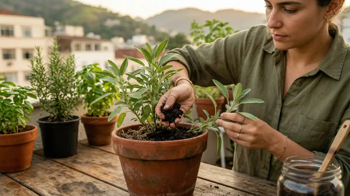 Mulher adubando vaso com salvia no blog Conversa Pronta.