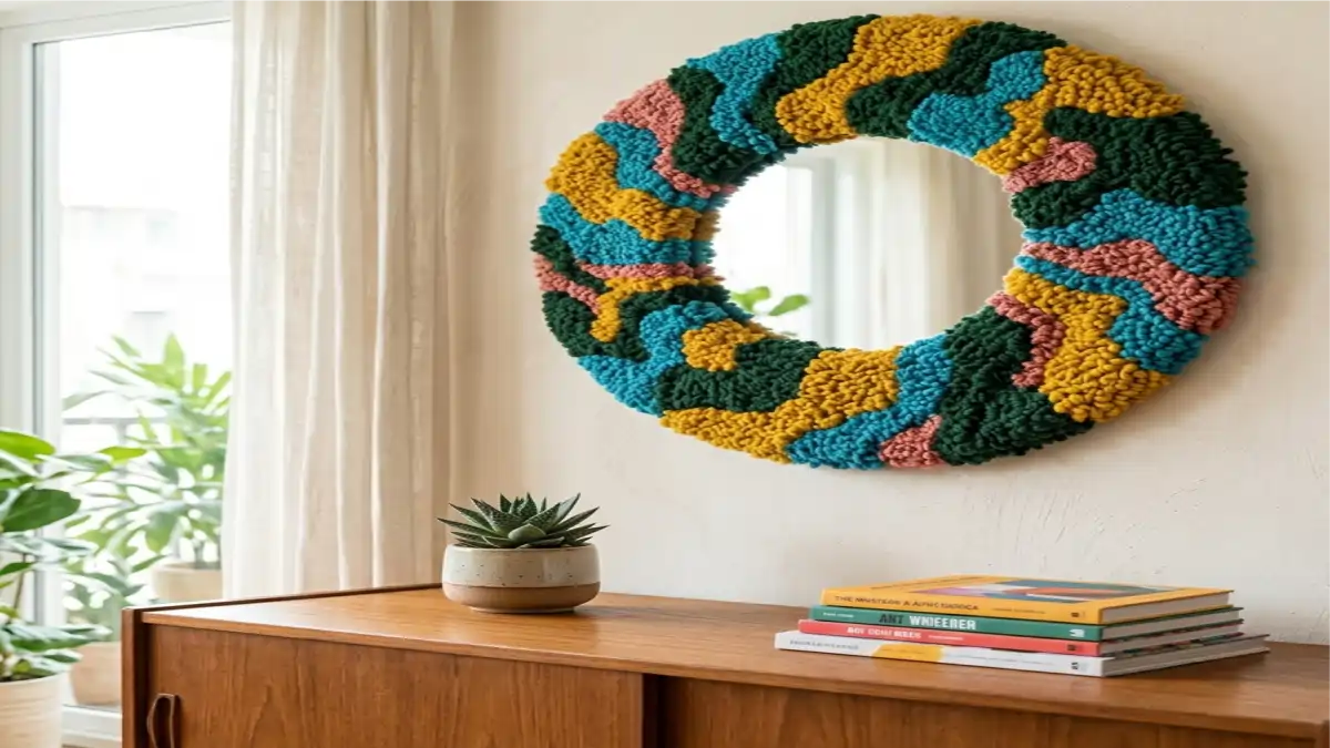 Um quadro oval feito em tufting sobre um móvel no blog Conversa Pronta.