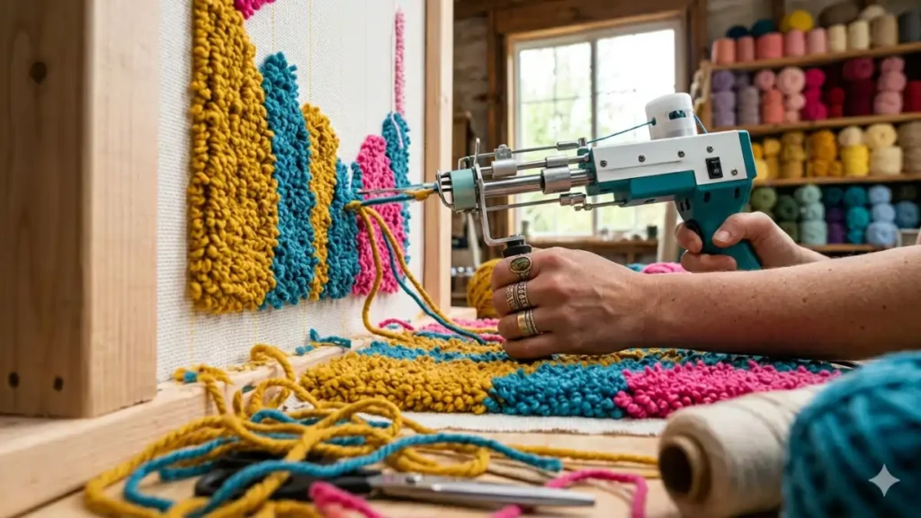 Artesã fazendo tufting com uma pistola e lãs coloridas, no blog Conversa Pronta.