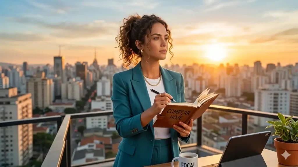 Uma mulher empreendedora pensando nos negócios, na varanda de um apartamento, no blog Conversa Pronta.